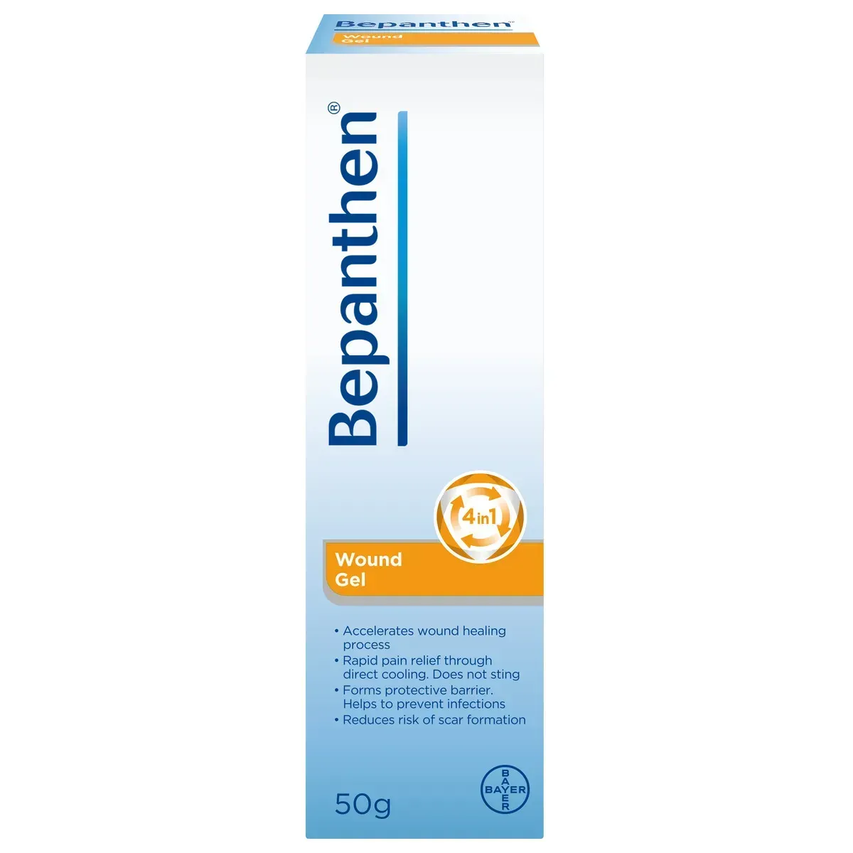 Front of Bepanthen 4 in 1 Wound Gel box, 50 g, studio shot