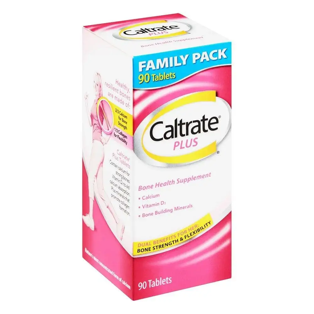 Angled front view of Caltrate Plus Bone Health Supplement Family Pack 90 Tablets box