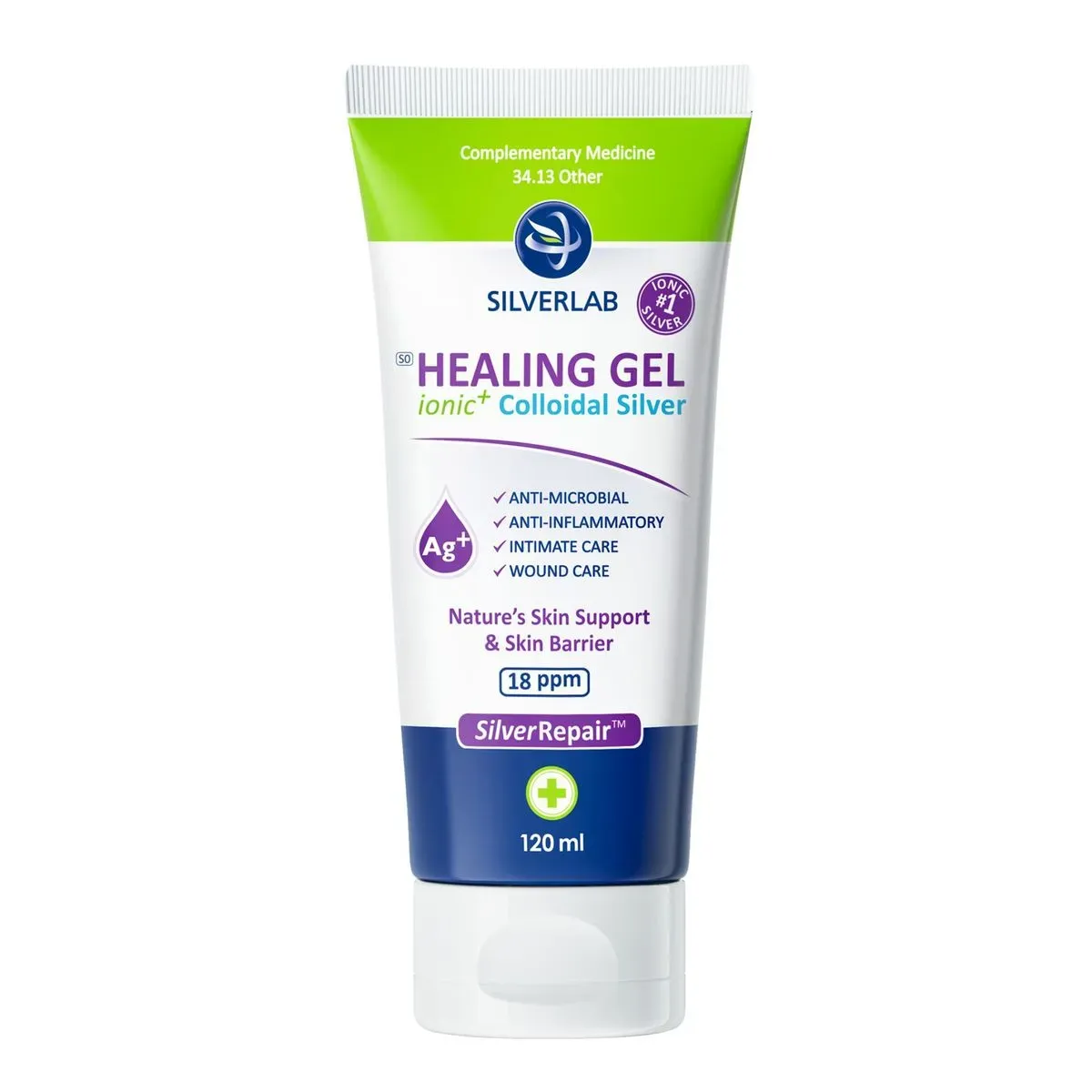 Front of SilverLab Healing Gel Colloidal Silver 120 ml tube on white background