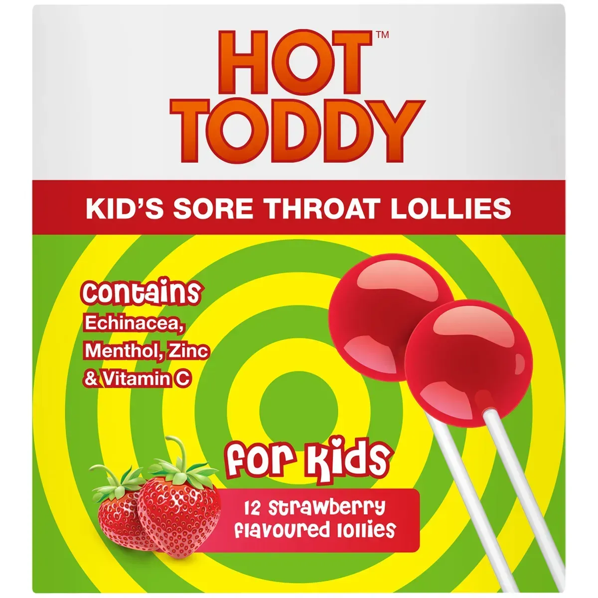 Front of Hot Toddy Kid's Sore Throat Lollies Strawberry 12's box