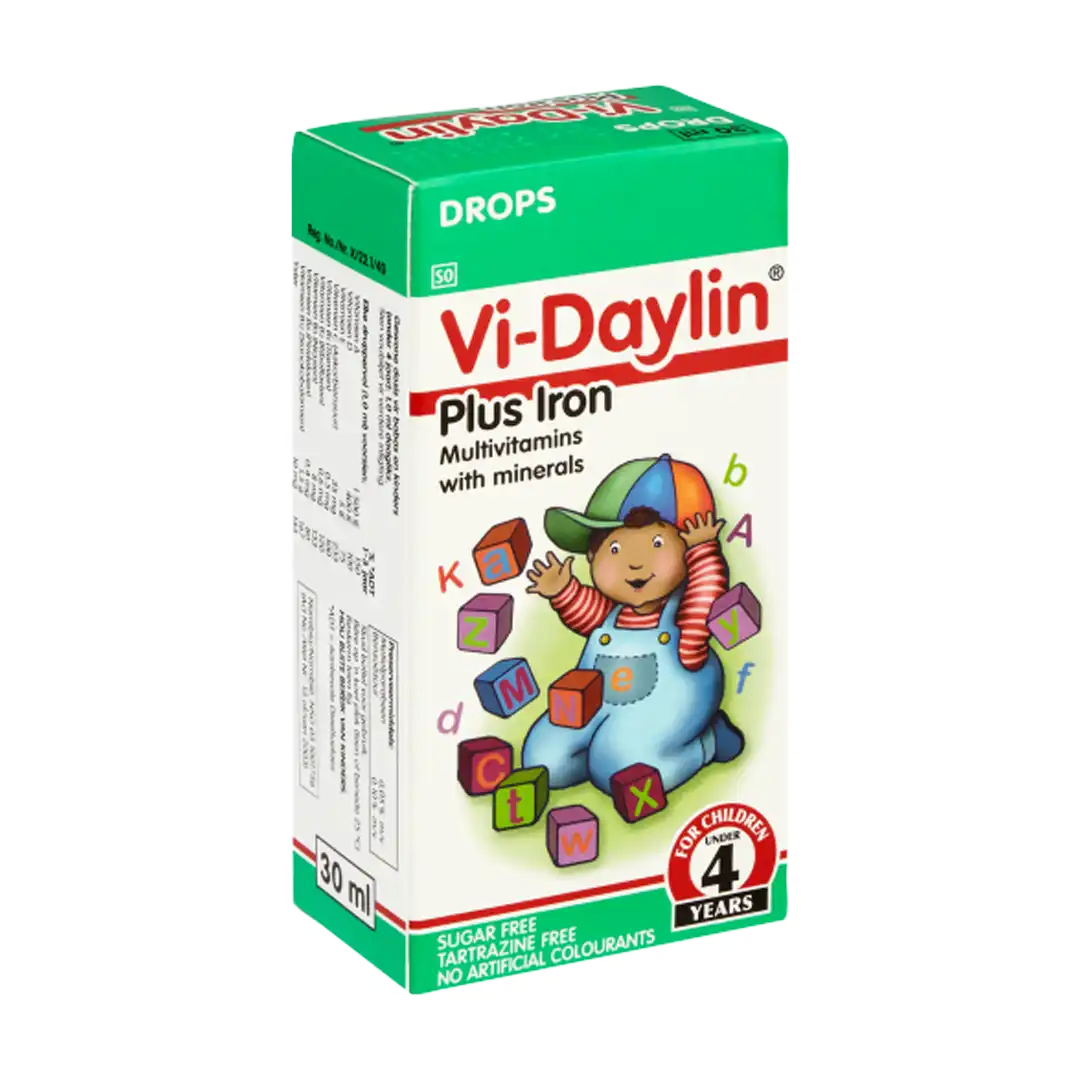 Angled view of Vi-Daylin Plus Iron Drops 30 ml box on white background