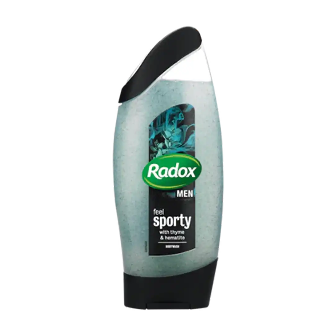 Front of Radox Men Feel Sporty Body Wash 250ml bottle with thyme & hematite