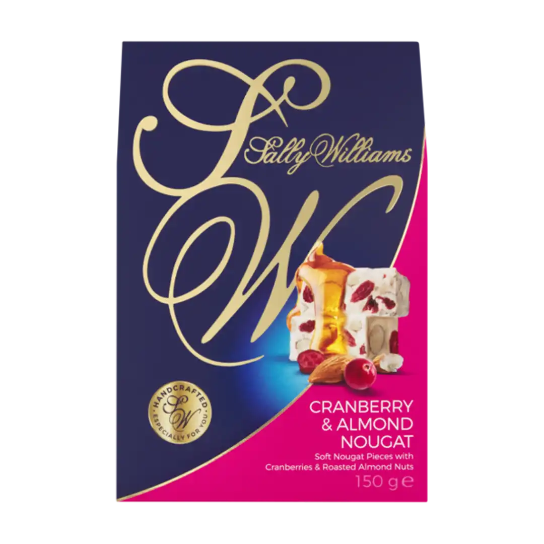 Front of Sally Williams Cranberry & Almond Nougat box, 150g