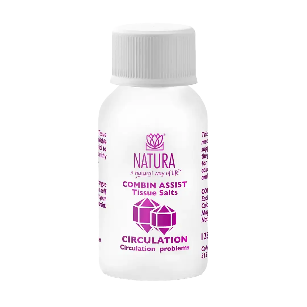 Front of Natura Combin Assist Circulation Tissue Salts 125 tablets bottle on white background