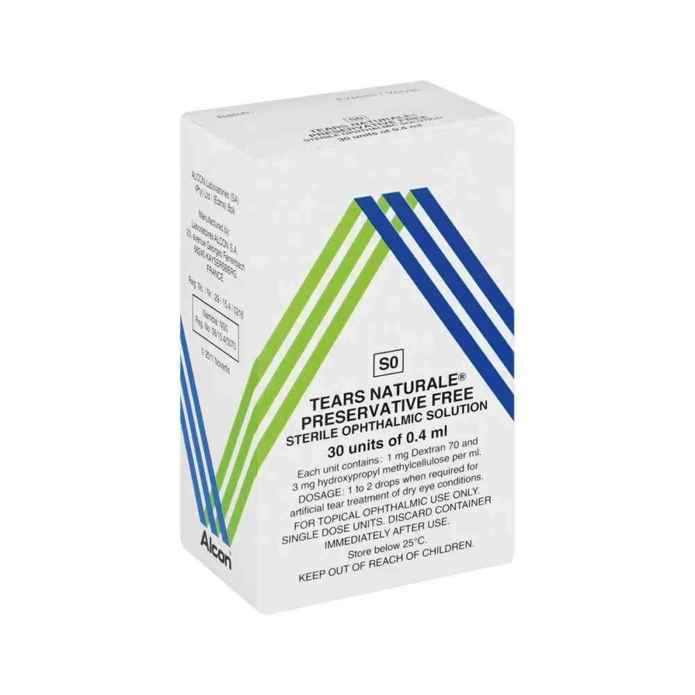 Angled view of Tears Naturale Preservative Free Eye Drops box, 30 x 0.4 ml
