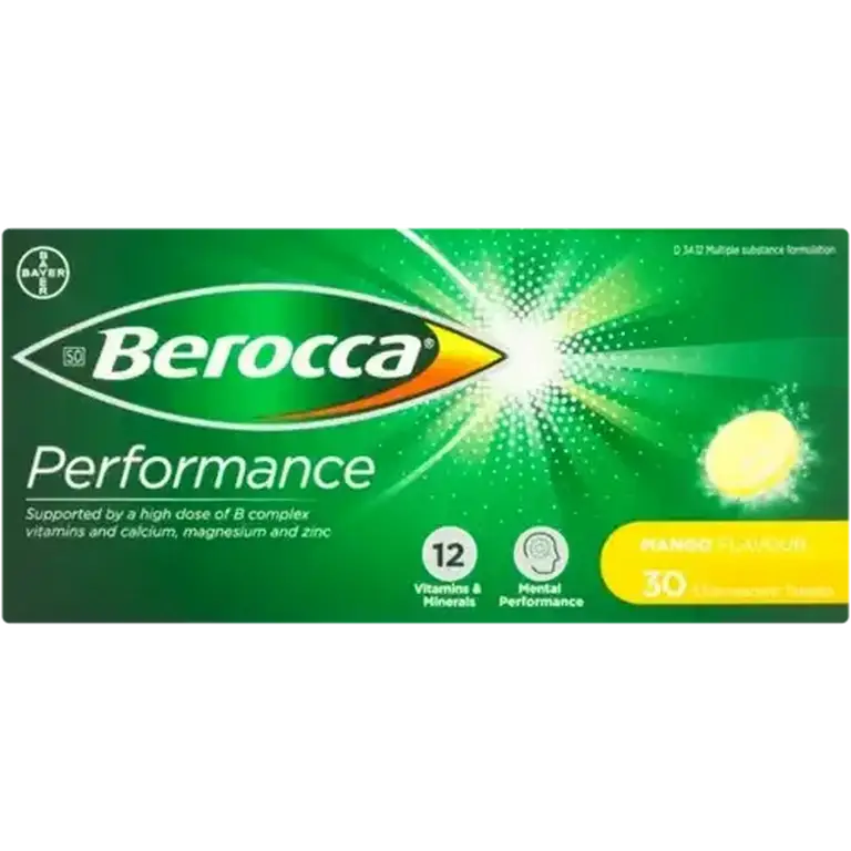 Front of Berocca Performance Mango Flavour 30 effervescent tablets box