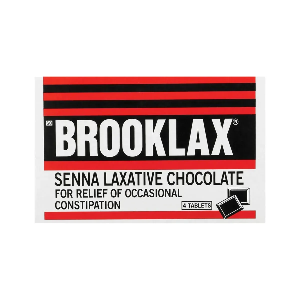 Front of Brooklax Senna Laxative Chocolate box, 4 tablets