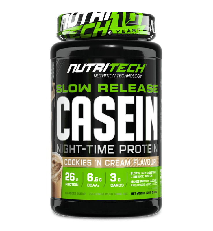 Front of Nutritech Slow Release Casein Cookies and Cream flavour 908.6g tub
