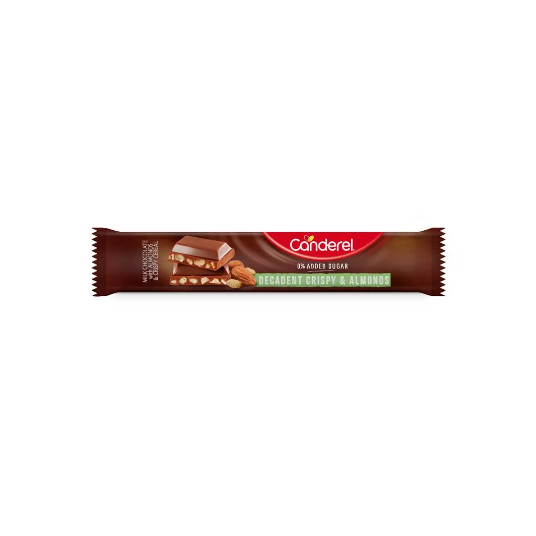 Front of Canderel Decadent Crispy & Almonds chocolate bar, 27g