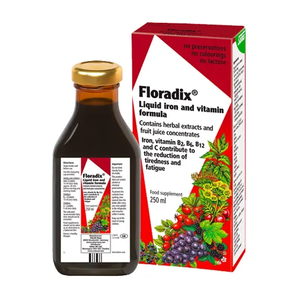 Floradix Liquid Iron and Vitamin Formula 250 ml bottle and box