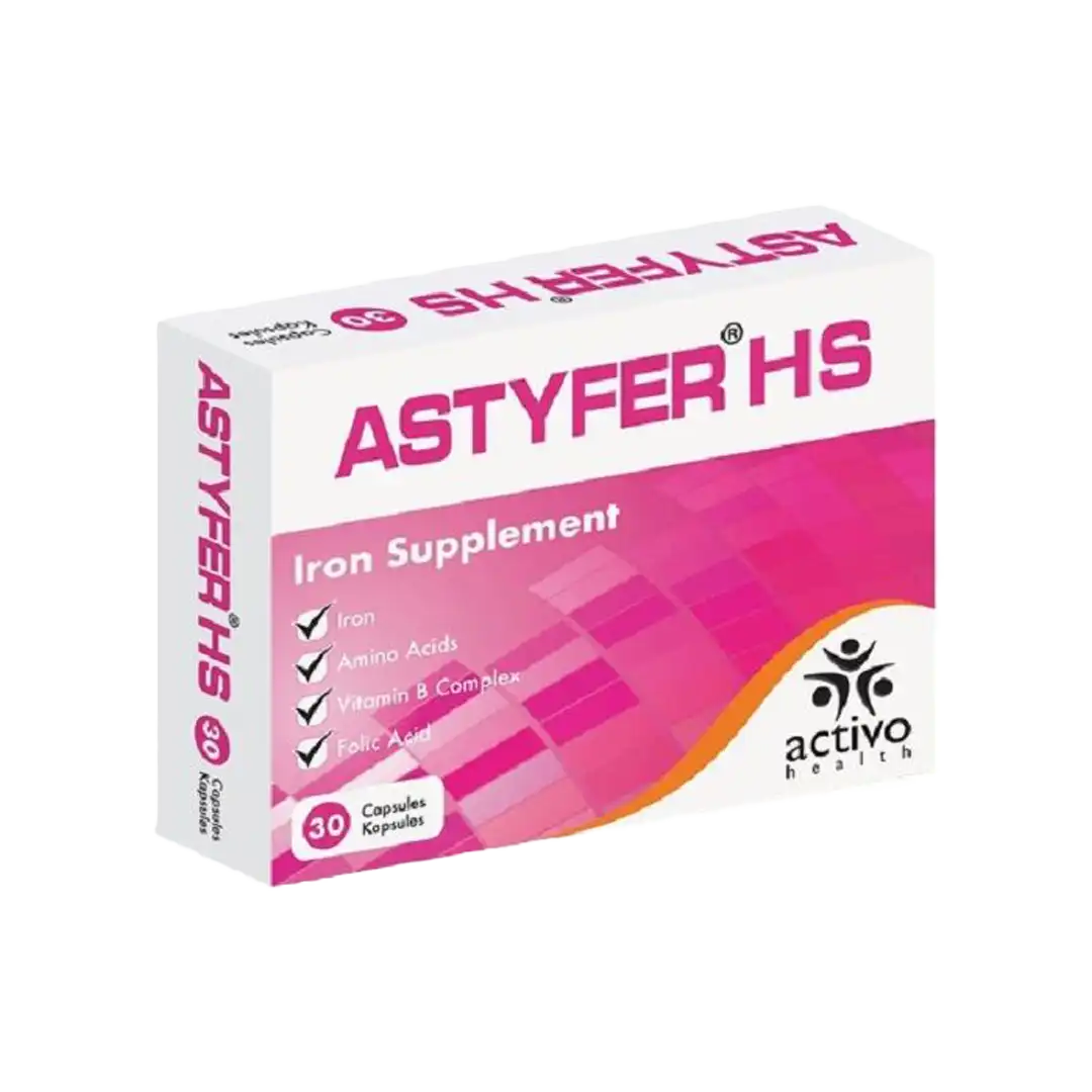 Front of Activo Health Astyfer HS Iron Supplement Capsules, 30's pack