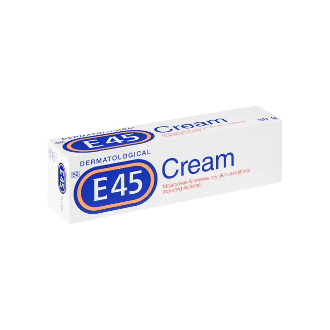 Angled high-resolution view of E45 Dermatological Cream 50 g box