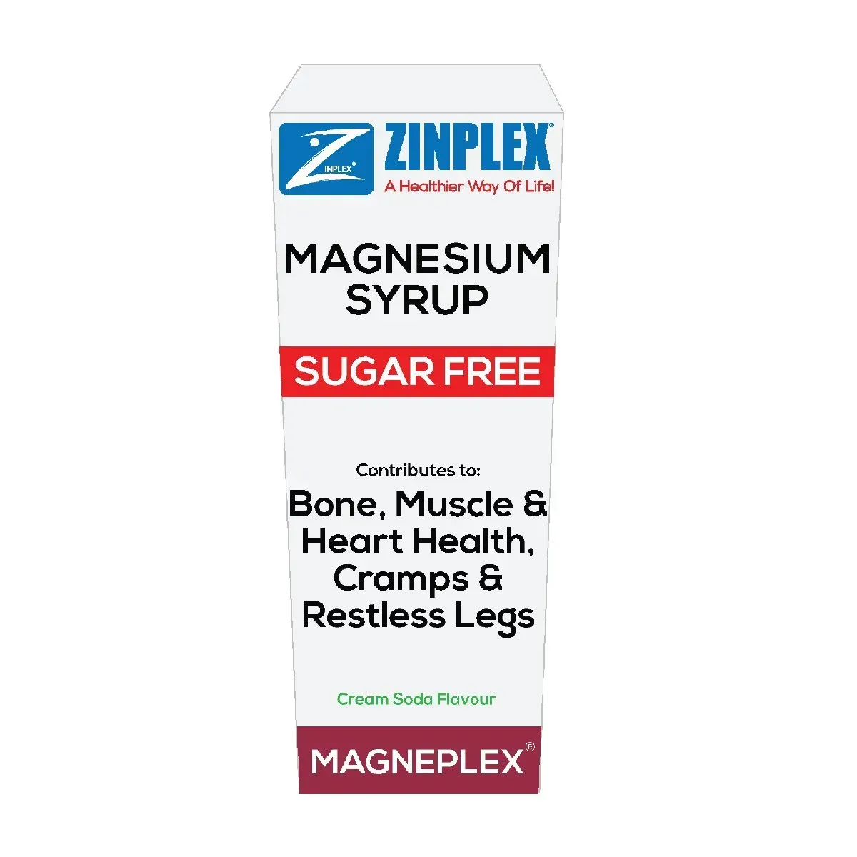 Front angled view of Zinplex Magnesium Syrup Magneplex Cream Soda Flavour 200 ml box